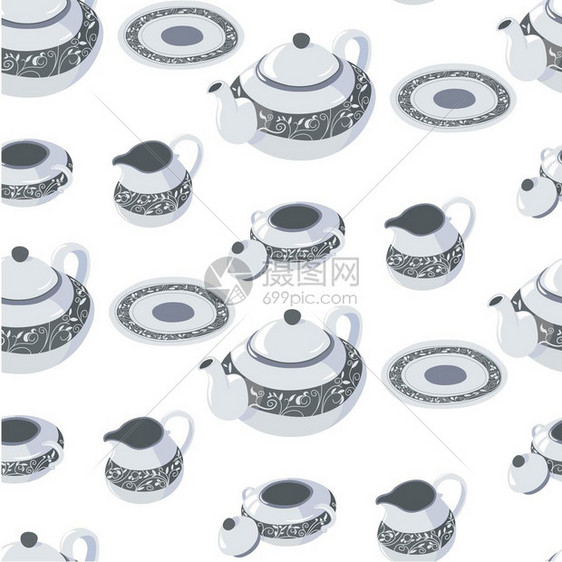 古典餐具用装饰品设计的餐具装饰品无缝的茶壶图案盖子碟杯和盘特殊场合的古典厨房餐具甜点节日矢量的陶器图片