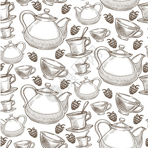 手绘精美茶壶茶杯草莓平铺矢量背景图片