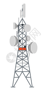 信号站电站塔无线系统接收信号用作发器的金属孤立建造蜂窝通信结构电波和广播平坦的矢量配有盘子互联网或电话连接的塔台站插画