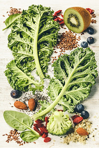 白色上健康的绿冰沙或拉成分超级食品脱毒饮健康素免疫促进品概念图片