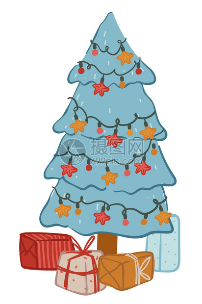 圣诞树装有箱的圣诞树与世隔绝的松树装有园地和bublesXma和新年庆祝活动节气氛和准备过冬节前夕图片