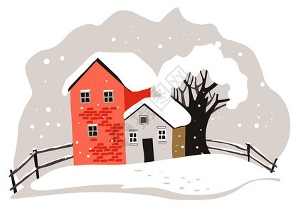 建筑物和树木覆盖着积雪和寒冷的天气景色城市风包括房屋家庭或乡村户外大风雪和落花矢量以平式图示显房屋和树木覆盖着雪冬季风景图片