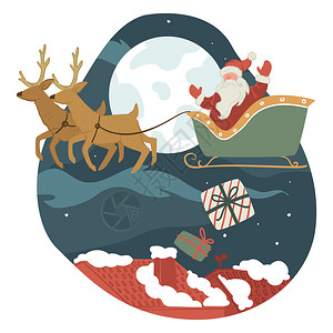 圣诞节和新年节日庆祝活动圣塔卡萨斯节和诞向人们赠送礼物祖父的霜冻与驯鹿一起坐在雪橇上晚扔礼物在公寓里放病媒圣诞老人为公民送礼物夜图片