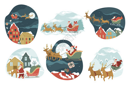 圣诞和新年冬季节庆圣诞老人和新年冬季节庆圣诞老人乘飞机或雪橇送礼物到圣诞节夜间雪景城市满月和星欢迎在平原的矢量圣诞老人骑着雪橇送图片