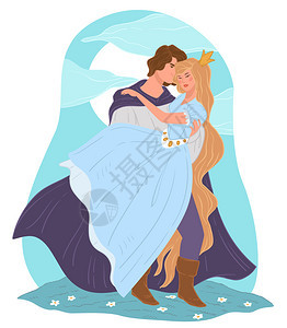 王子抱着公主亲吻和拥抱新娘书中幻想故事的男女皇室的士和绅平凡的矢量体王子抱着公主浪漫情侣童话背景图片