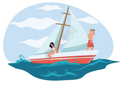 帆船上休闲度假的情侣矢量插画图片