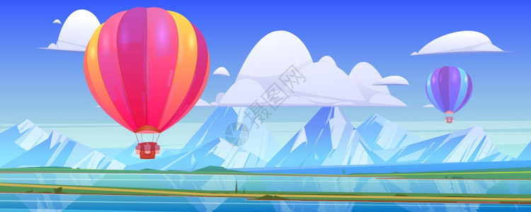 热气球在山地上飘扬矢量插画图片