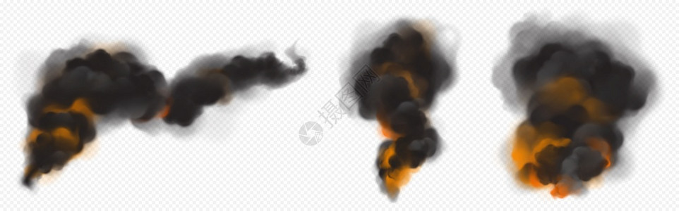 黑烟云有来自火的橙色背光黑烟云矢量真实的黑暗热雾流燃烧火焰的烟雾在透明背景中隔绝的火焰烟雾黑云有来自火的橙色背光图片