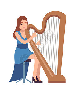 典型的女音乐家角色配有竖琴的蓝装女音乐家扮演旋律音响乐表演歌剧或院交响音乐会平板矢量卡通孤立插图Harpist女表演蓝装音乐家扮图片