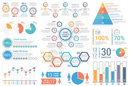 商业和演示文稿的制图要素百分比时间表条形和线图表金字塔圆图饼矢量eps10插图图片