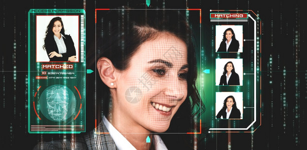 未来概念界面显示数字生物鉴别安全系统用于分析人的脸以核实个人数据图片