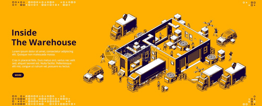 仓库内横幅工厂储存分发和运送货物的后勤基础设施矢量着陆页内置等量仓库卡车无人驾驶飞机和工图片
