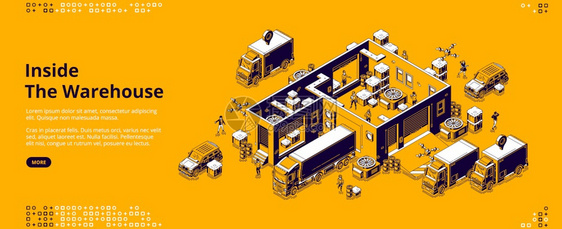 仓库内横幅工厂储存分发和运送货物的后勤基础设施矢量着陆页内置等量仓库卡车无人驾驶飞机和工图片