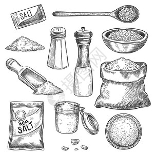 海盐配有香料和调味的草药加工厂配有供烹饪用的机盐水晶罐子勺和袋装有病媒的海盐素描用于烹饪的勺子厨房配有香料和调味的砂子加工厂装有图片