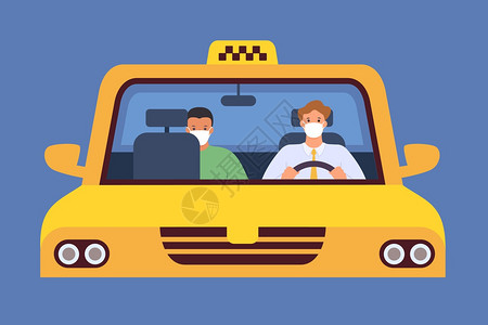 戴着口罩拉着乘客上路的出租车司机卡通矢量插画背景图片