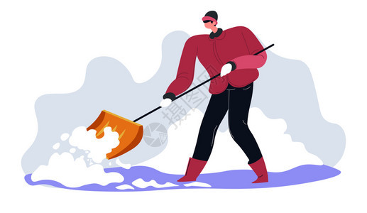 男人物使用木或塑料铲子来清理从雪中走出的道路和带铲子的清洁工冬季和后院照顾工人外面作的人平式病媒冬季用木铲子清洗雪的人背景图片