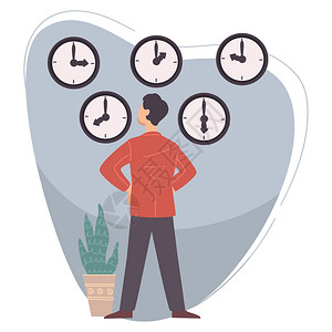 男角色在看挂墙上的时钟商业和间管理雇员或老板匆忙倒计时或设定最后期限带手表的专业经理平式的矢量正在看手表的商人时间管理图片
