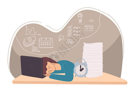 学生睡在笔记本电脑上用完的雇员或疲劳自由职业者工作狂或有写和时钟板的经理期限和时间管理问题耗竭平板式的矢量图片