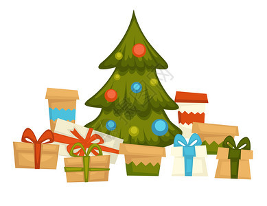 长青松树上面装有花冠和箱礼物的赠与圣诞节的传统礼物闪发光的球庆祝和节日的心情平式矢量装配花冠的松树下面展示的是图片