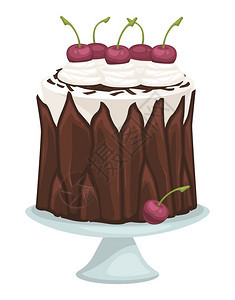 甜巧克力蛋糕用可和肉桂制成装饰用新鲜樱桃和慕丝装饰盘子餐厅或咖啡菜单的奶油顶部美味派面包店产品平式的矢量巧克力蛋糕甜圈和樱桃矢量图片