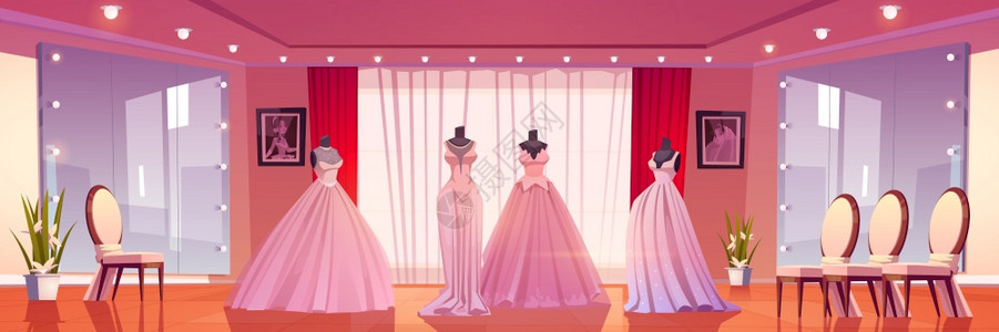 内地新娘商店在模特和有照明的大镜子上穿着婚纱的模特和大镜子图片