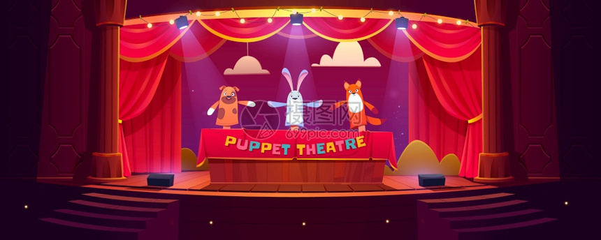 和照明手玩具狗兔子和狐戏剧表演卡通矢量插图木偶剧场有趣的玩偶表演