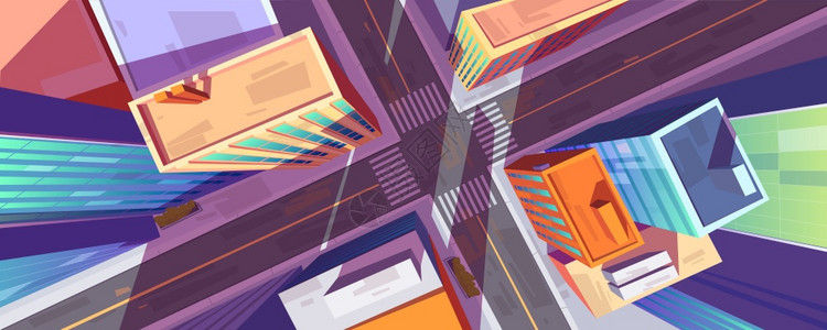 城市建筑和基础设施有交通十字路口和斑马有摩天大楼卡通矢量插图的现代特大波利斯图片