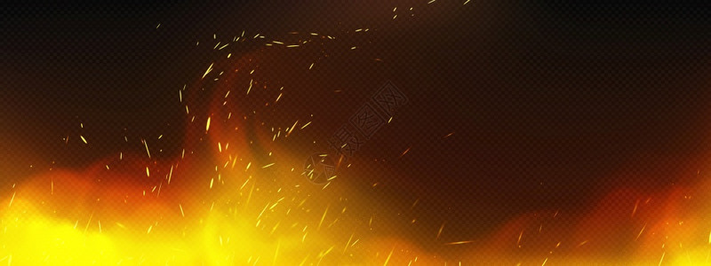 用烟雾和焊接火花的现实焰在透明背景中隔离的火焰燃烧营焰效应带蒸汽的亮橙色和黄闪光耀斑3D矢量图解模拟的火焰有烟雾和花背景的现实焰图片