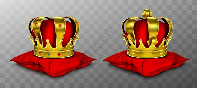 金王冠国和女在红色枕头上矢量现实的奢侈金冠配有宝石王子公主或皇帝的中世纪长冠在透明背景中隔绝的垫子上国王和后在红色枕头上的金王冠图片