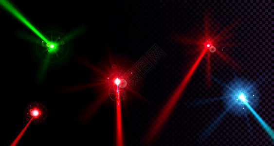 激光束设置在透明背景上矢量现实的射线模拟带有光效应和镜头照明弹红色绿和蓝拉泽光线黑暗中的亮光线红绿和蓝色激束具有效应图片