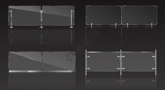 玻璃板与阳台或泳池的金属板交易矢量现实的双面玻璃屏障配有钢铁手栏清除在透明背景上隔离的丙烯围墙玻璃板与阳台的金属交易阳台的金属板图片