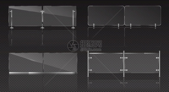 玻璃板与阳台或泳池的金属板交易矢量现实的双面玻璃屏障配有钢铁手栏清除在透明背景上隔离的丙烯围墙玻璃板与阳台的金属交易阳台的金属板图片