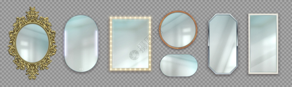 现实镜像3D圆形和矩反射面现代或经典和装饰的变形框架灯泡透明背景的矢量室内家具现代或经典和老式框架灯泡透明背景的矢量室内家具背景图片