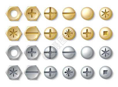 Boltand螺旋现实的振动和不锈自制钉头银色或铜的硬件圆形或六金色铁质的组装用于修理的矢量建筑设备圆形和螺丝银色或铜质硬件矢量图片