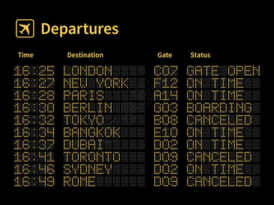 飞机起和终点站登机时间表信息浅黄点字母和黑板号码仪表登机状态矢量概念飞行时间表机场领板仪表矢量概念飞行时间表图片