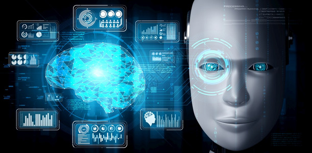 人工大脑机器人类面对的接近于大数据分析的图形概念由AI思考大脑人工智能和机器学习过程用于第四次工业革命3D成像机器人类面临大数据分析的图背景