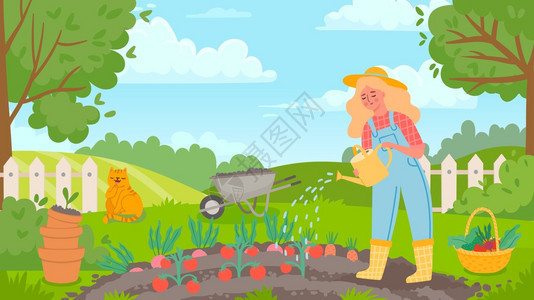 卡通可爱花园浇水的女孩矢量插画背景图片