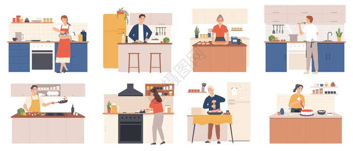 在家里做饭的人在厨房内做饭的男女烤煎和煮烹饪用餐做沙拉汤鸡饼干在家做饭的人烹饪用餐背景图片