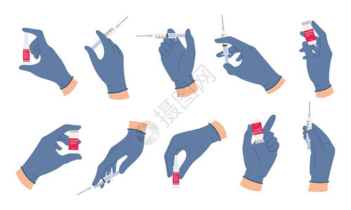 医生用疫苗护士医疗手套握注射器和配有药品的膜或共生疫苗接种概念矢量集或子宫用于实验室的卫生注射医用疫苗手护士医疗套握注射器和背景图片