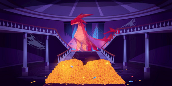 龙坐在城堡的金堆上梦幻人物守护者在宫殿的宝藏中世纪童话飞行动物书本或电脑游戏人物的神奇生卡通矢量图图片