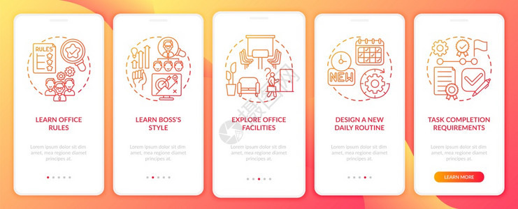 具有概念的上司移动应用程序页面屏幕的学习管理风格走过5步图形指示的完成要求带有RGB彩色插图的UI矢量模板图片