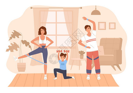 家庭父母和女儿在室内做运动的卡通插画图片