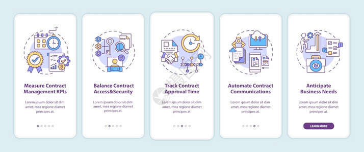 带概念的移动应用程序页面屏幕上的有效合同管理提示合同管理通过5步图形说明配有RGB彩色插图的UI矢量模板图片