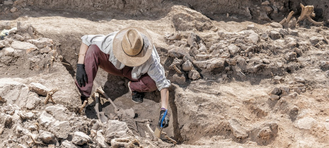 在古墓中发现的考挖掘人类遗骸图片