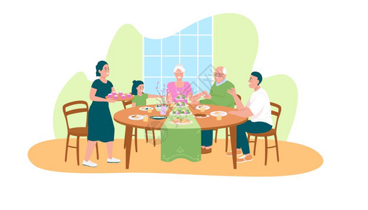 传统的东边晚宴2D矢量网络横幅海报家庭世代在卡通背景的餐桌平面人物周围相传春季假日可打印的章多彩网络元素背景图片