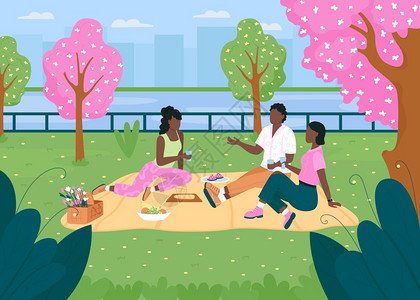 野餐平板彩色矢量说明非洲朋友团体人们坐在毯子上聊天春季户外娱乐背景有天线的男女2D卡通人物图片