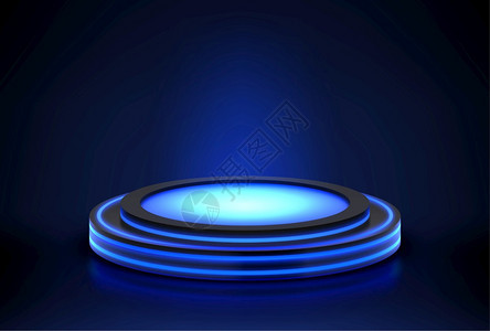 尼昂讲台产品展示或时装表演的空舞台夜总会池的首饰在黑暗中发光的蓝圆场现实的3d矢量插图产品展示的空舞台背景图片
