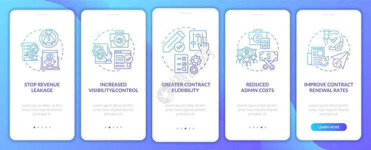 降低成本分5步走的图形说明配有RGB颜色插图的UI病媒模板配有概念的移动应用程序页面屏幕上安装的合同管理自动化的好处配有概念的移图片