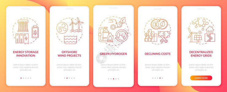 包含概念的移动应用程序页面屏幕上分散能源网格降低成本和绿色氢横穿5步图形指示配有RGB彩色插图的UI矢量模板带有概念的分散能源网图片