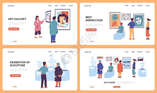 艺术画廊落地页博物馆和现代雕塑展览网站界面设计模型在线参观和售票游客网络服务矢量模板艺术画廊落地页面博物馆和雕塑展览网站界面模型图片